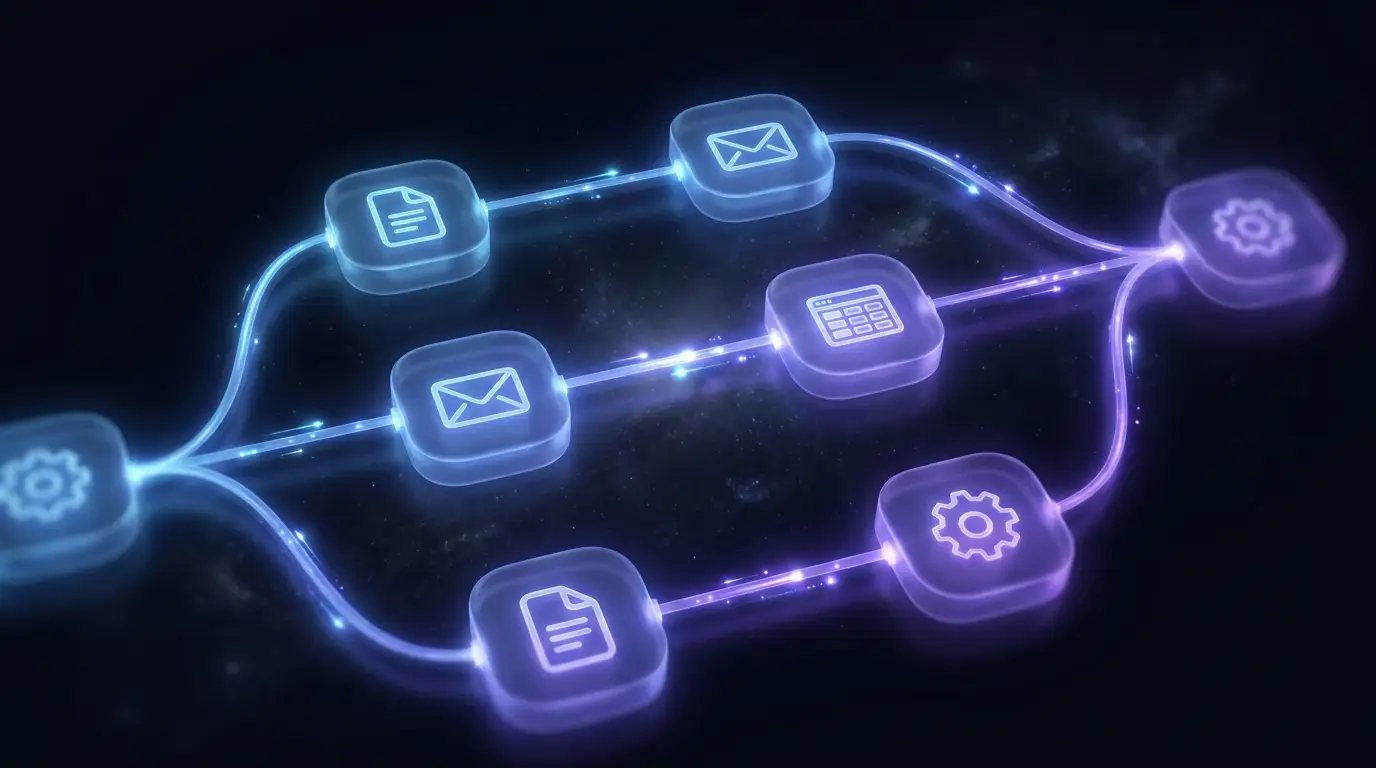 Glowing automation workflow diagram showing connected nodes with document, email and spreadsheet icons linked by luminous blue and violet data-flow lines